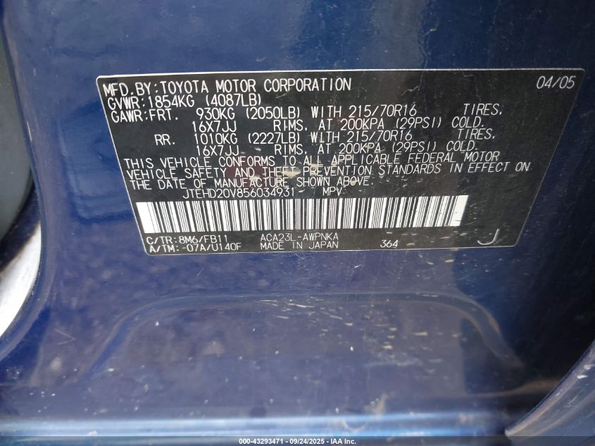 2005 Toyota Rav4 VIN: JTEHD20V856034931 Lot: 43293471