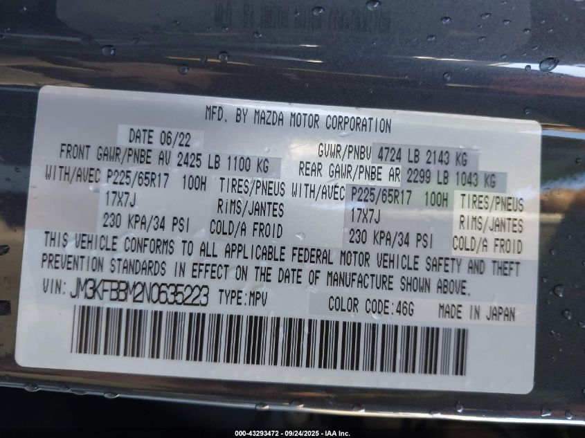 2022 Mazda Cx-5 2.5 S Select VIN: JM3KFBBM2N0635223 Lot: 43293472