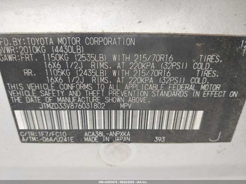 2007 Toyota Rav4 VIN: JTMZD33V876031802 Lot: 43293476