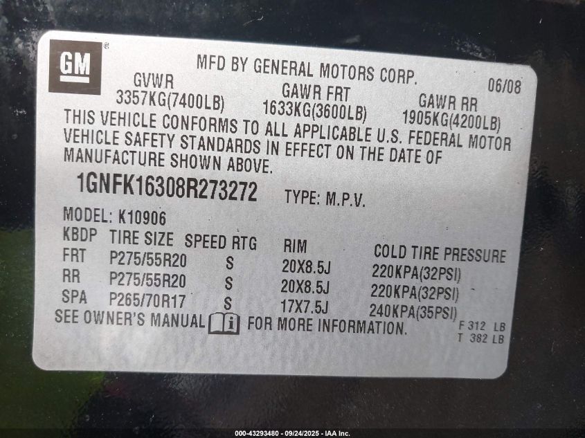 2008 Chevrolet Suburban 1500 Ltz VIN: 1GNFK16308R273272 Lot: 43293480