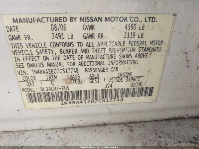 2007 Nissan Maxima 3.5 Se VIN: 1N4BA41E07C817748 Lot: 43293481