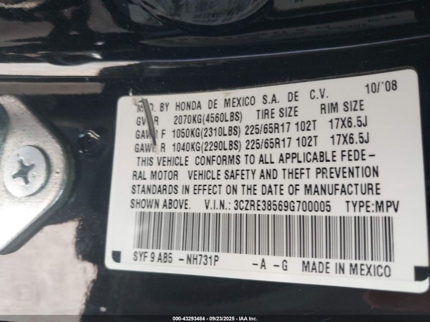 2009 Honda Cr-V Ex VIN: 3CZRE38569G700005 Lot: 43293484