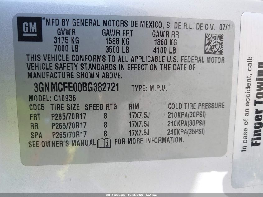 2011 Chevrolet Avalanche 1500 Lt1 VIN: 3GNMCFE00BG382721 Lot: 43293486