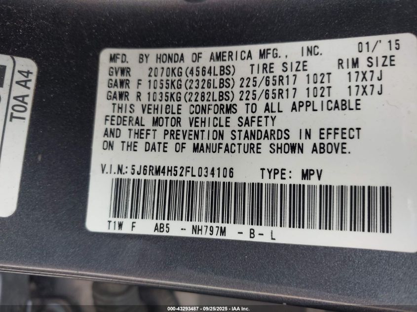 2015 Honda Cr-V Ex VIN: 5J6RM4H52FL034106 Lot: 43293487