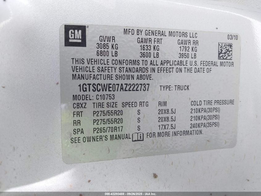 2010 GMC Sierra 1500 Slt VIN: 1GTSCWE07AZ222737 Lot: 43293488