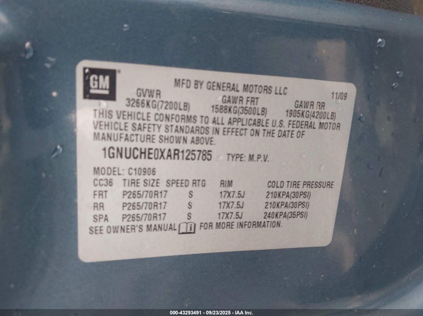 2010 Chevrolet Suburban 1500 Ls VIN: 1GNUCHE0XAR125785 Lot: 43293491