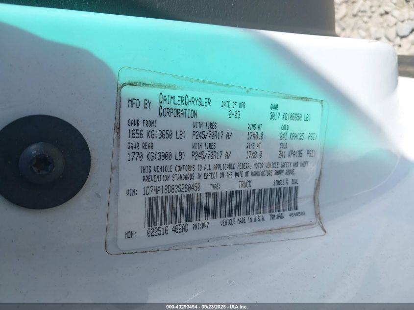 2003 Dodge Ram 1500 Slt/Laramie/St VIN: 1D7HA18D83S260450 Lot: 43293494