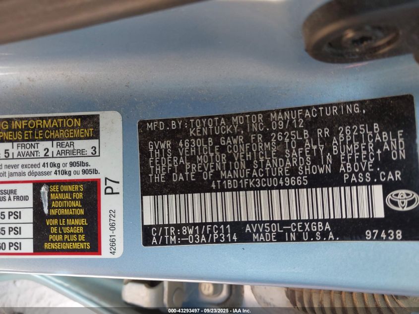 2012 Toyota Camry Hybrid Xle VIN: 4T1BD1FK3CU049665 Lot: 43293497