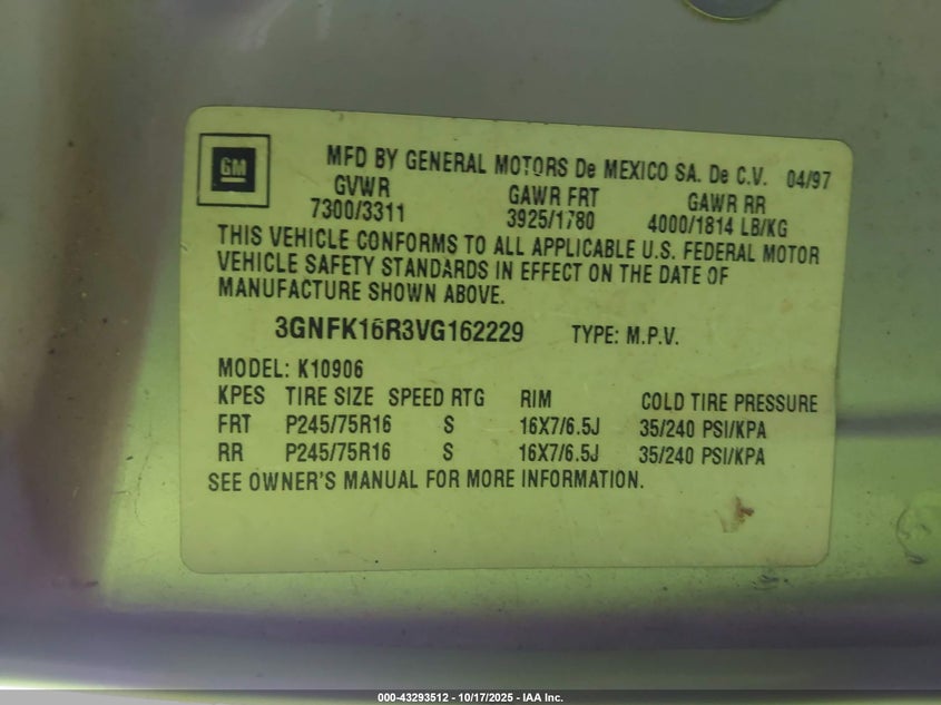 1997 Chevrolet Suburban 1500 VIN: 3GNFK16R3VG162229 Lot: 43293512