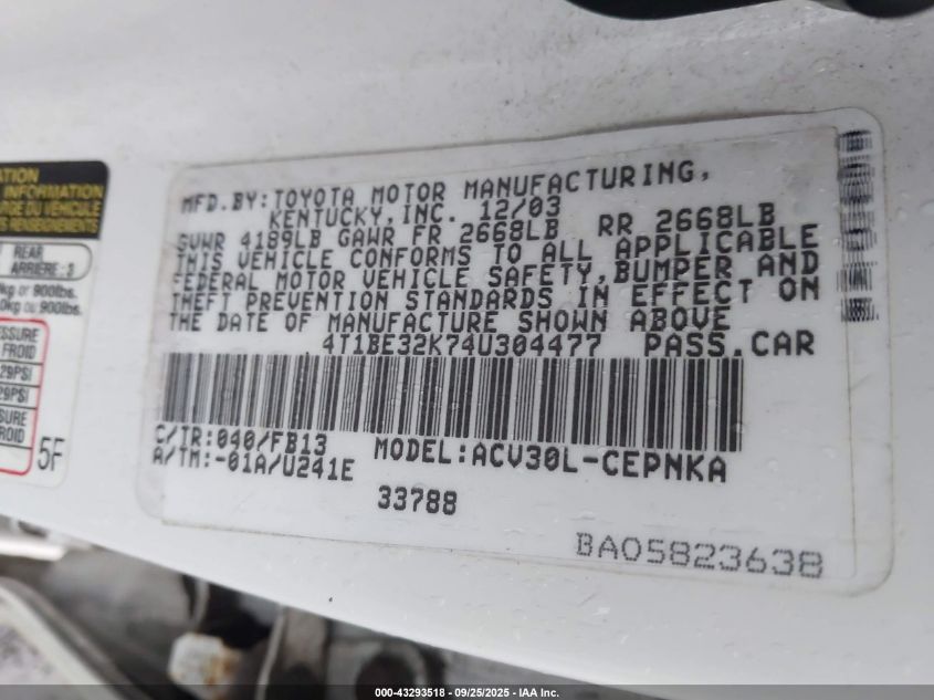 2004 Toyota Camry Le VIN: 4T1BE32K74U304477 Lot: 43293518