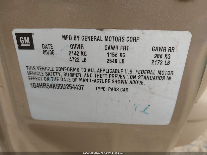 2005 Buick Lesabre Limited VIN: 1G4HR54K65U254437 Lot: 43293526