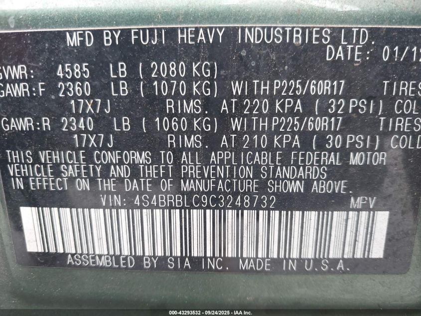 2012 Subaru Outback 2.5I Limited VIN: 4S4BRBLC9C3248732 Lot: 43293532