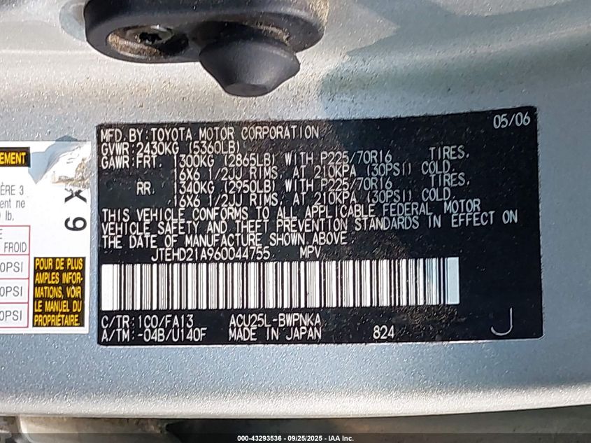 2006 Toyota Highlander VIN: JTEHD21A960044755 Lot: 43293536