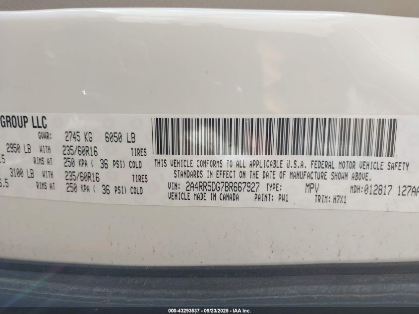 2011 Chrysler Town & Country Touring VIN: 2A4RR5DG7BR667927 Lot: 43293537