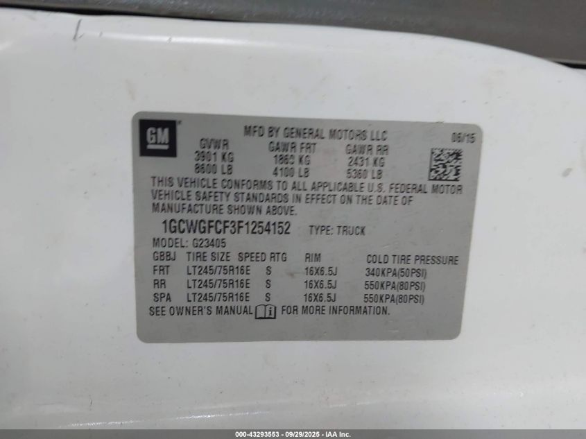 2015 Chevrolet Express 2500 Work Van VIN: 1GCWGFCF3F1254152 Lot: 43293553