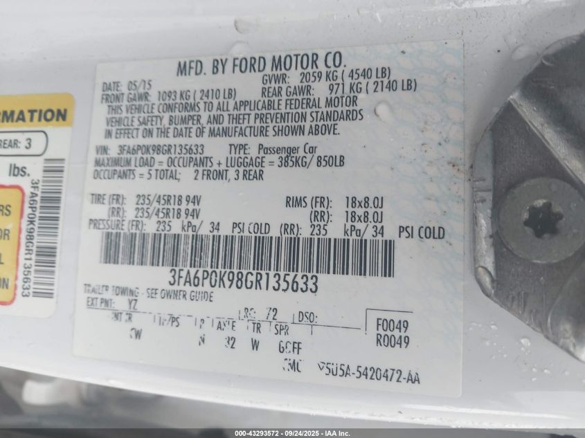 2016 Ford Fusion Titanium VIN: 3FA6P0K98GR135633 Lot: 43293572