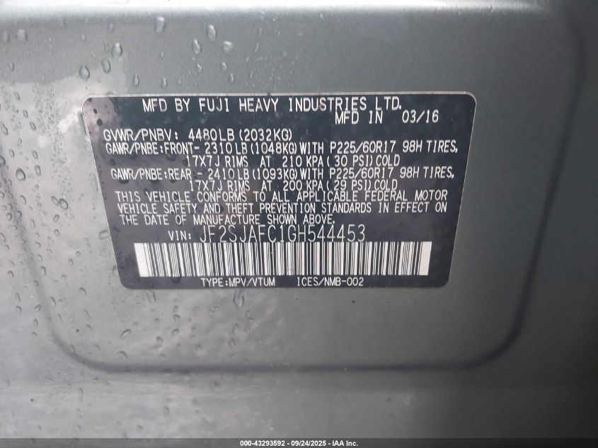 2016 Subaru Forester 2.5I Premium VIN: JF2SJAFC1GH544453 Lot: 43293592