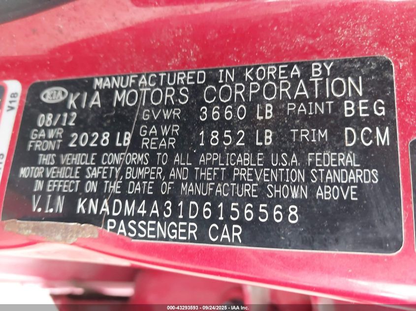 2013 Kia Rio Lx VIN: KNADM4A31D6156568 Lot: 43293593