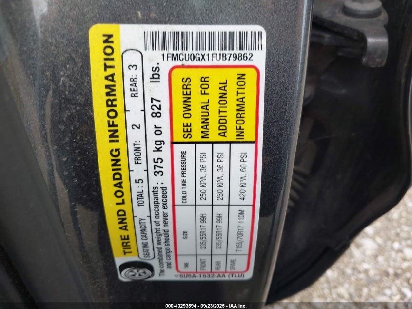 2015 Ford Escape Se VIN: 1FMCU0GX1FUB79862 Lot: 43293594