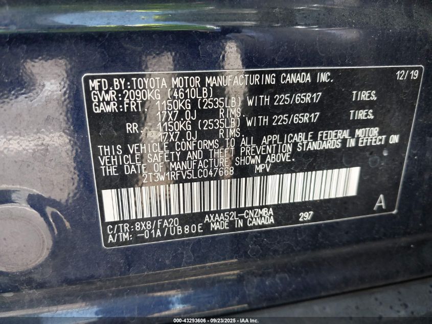 2020 Toyota Rav4 Xle VIN: 2T3W1RFV5LC047668 Lot: 43293606