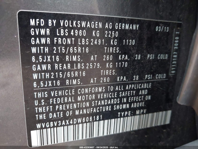 2013 VOLKSWAGEN TIGUAN S - WVGBV3AX4DW606181