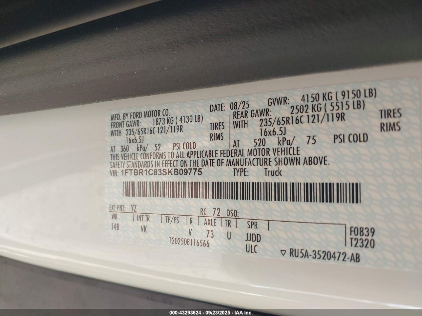 2025 Ford Transit-250 VIN: 1FTBR1C83SKB09775 Lot: 43293624