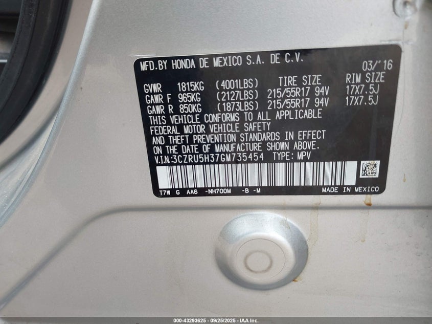 2016 HONDA HR-V LX - 3CZRU5H37GM735454