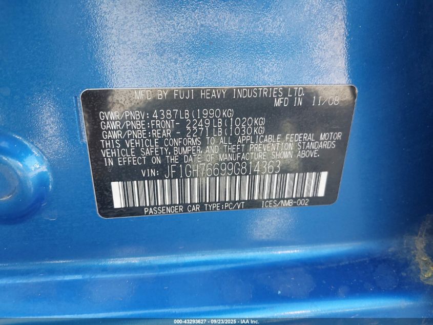 2009 Subaru Impreza Wrx VIN: JF1GH76699G814363 Lot: 43293627