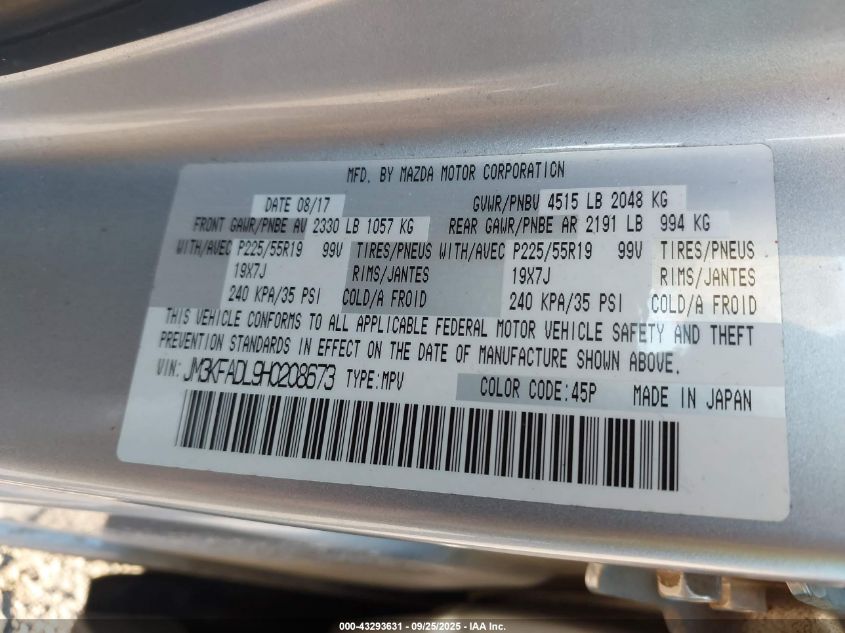 2017 Mazda Cx-5 Grand Select VIN: JM3KFADL9H0208673 Lot: 43293631