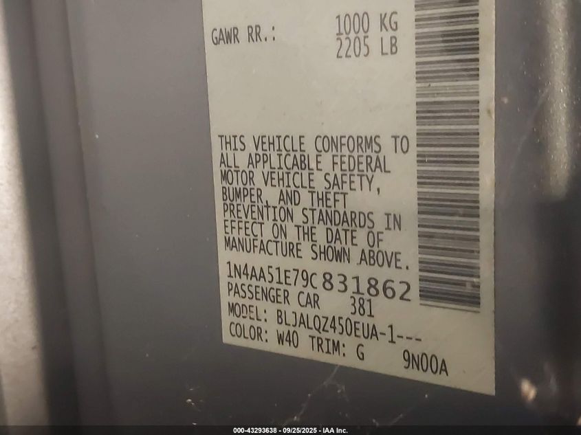 2009 Nissan Maxima 3.5 S VIN: 1N4AA51E79C831862 Lot: 43293638