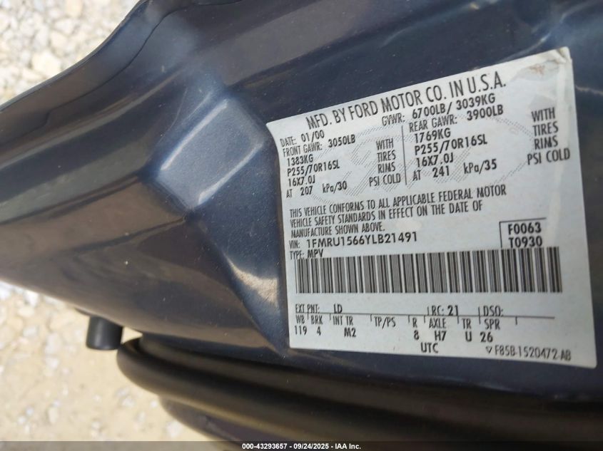 2000 Ford Expedition Xlt VIN: 1FMRU1566YLB21491 Lot: 43293657