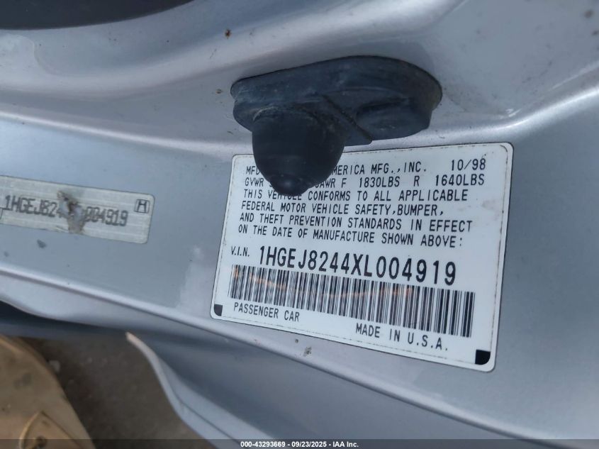 1999 Honda Civic Ex VIN: 1HGEJ8244XL004919 Lot: 43293669