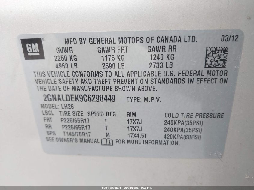 2012 Chevrolet Equinox 1Lt VIN: 2GNALDEK9C6298449 Lot: 43293681