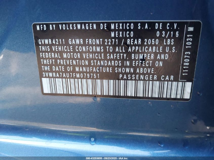 2015 Volkswagen Golf Tdi S 4-Door VIN: 3VWRA7AU7FM079751 Lot: 43293699