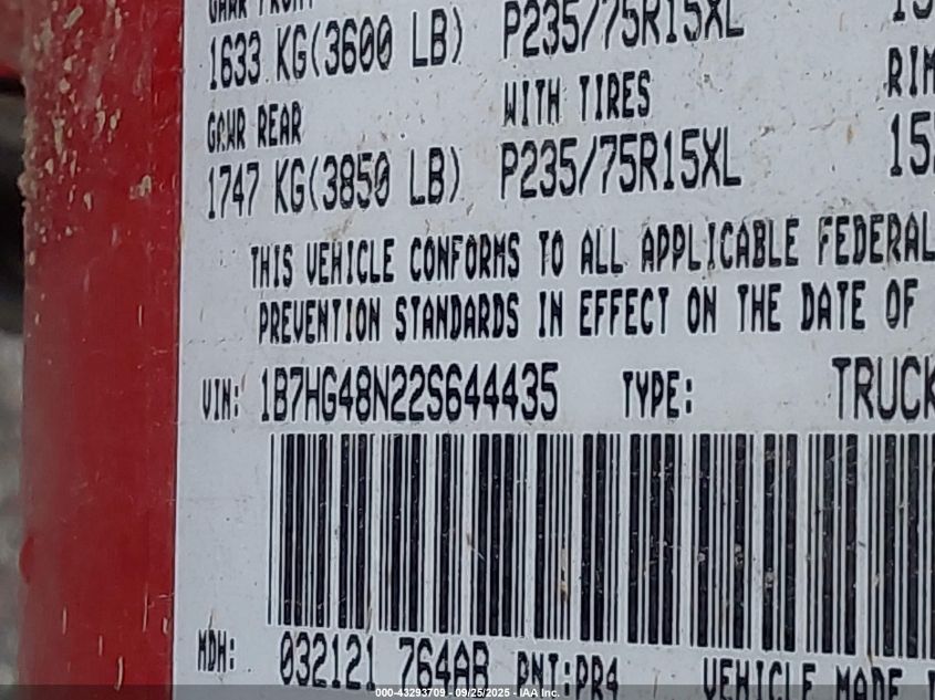 2002 Dodge Dakota Slt VIN: 1B7HG48N22S644435 Lot: 43293709
