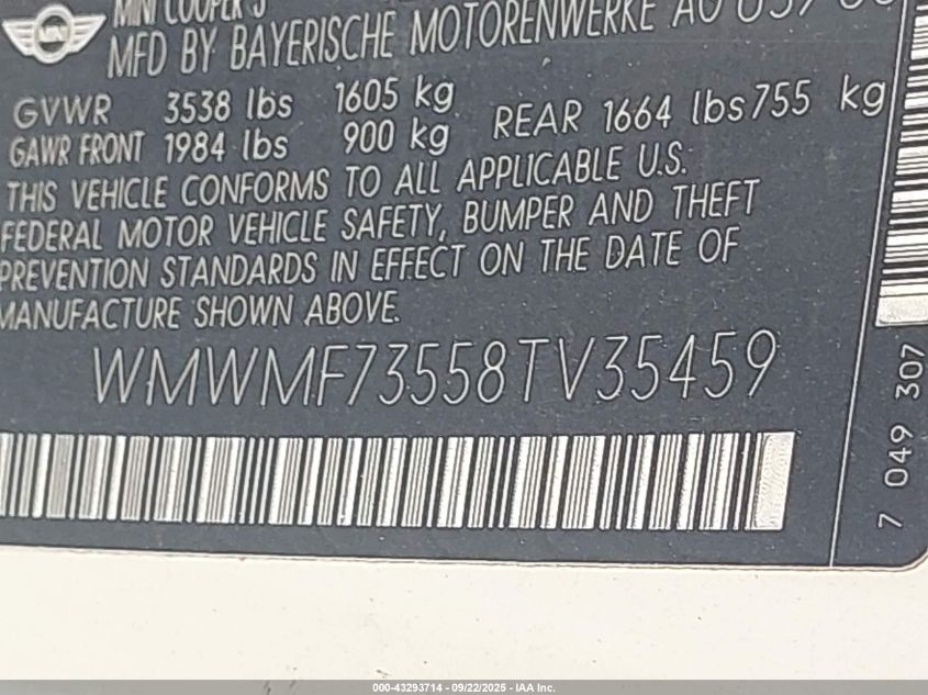 2008 Mini Cooper S VIN: WMWMF73558TV35459 Lot: 43293714