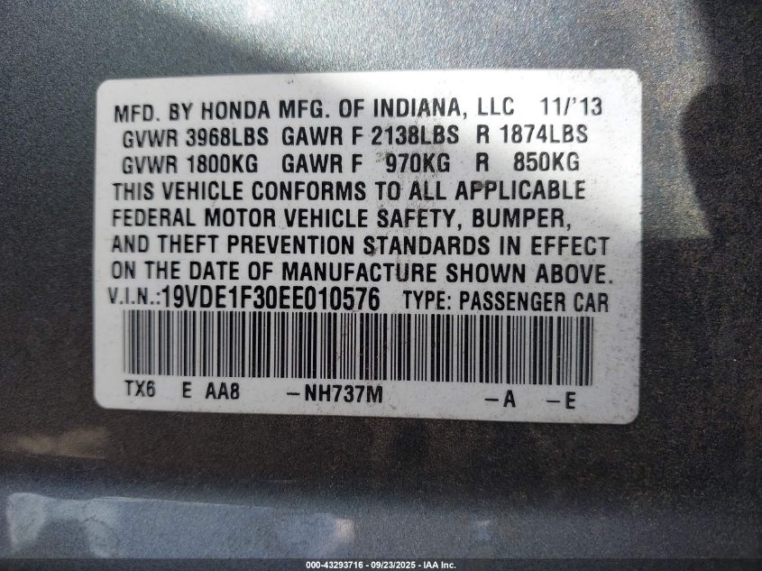 2014 Acura Ilx 2.0L VIN: 19VDE1F30EE010576 Lot: 43293716