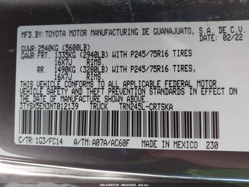 2022 TOYOTA TACOMA SR5 - 3TYSX5EN3NT012139