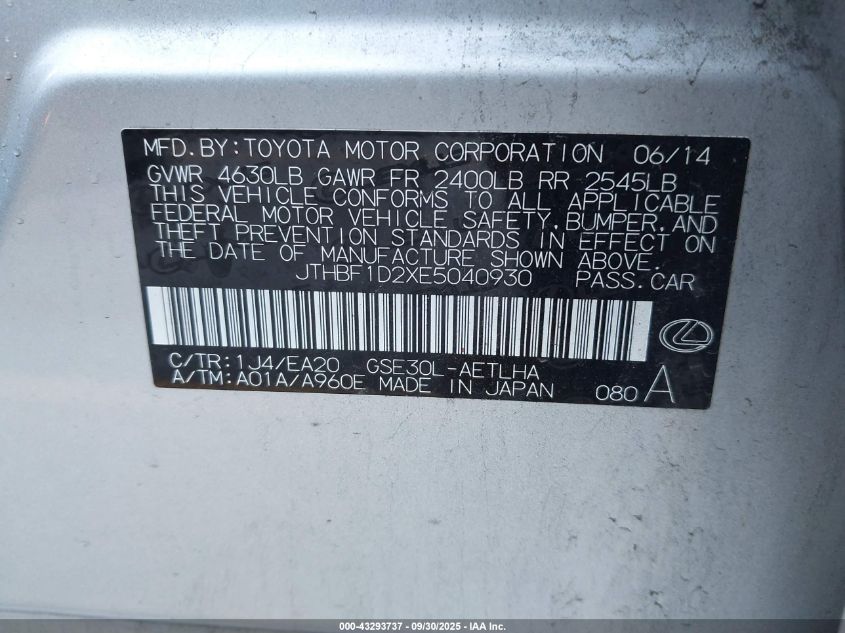2014 Lexus Is 250 VIN: JTHBF1D2XE5040930 Lot: 43293737