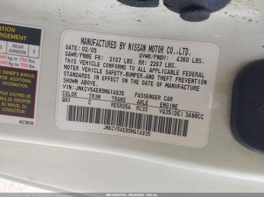 2005 Infiniti G35 VIN: JNKCV54E85M414935 Lot: 43293744