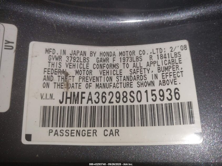 2008 Honda Civic Hybrid Hybrid VIN: JHMFA36298S015936 Lot: 43293748