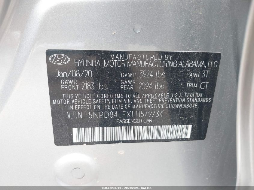 2020 Hyundai Elantra Sel VIN: 5NPD84LFXLH579734 Lot: 43293749