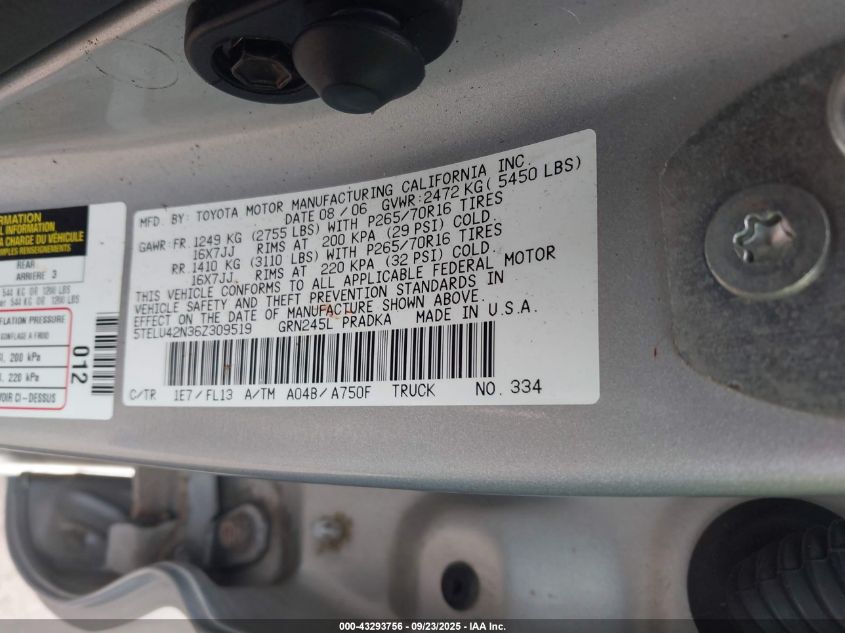 2006 Toyota Tacoma Base V6 VIN: 5TELU42N36Z309519 Lot: 43293756