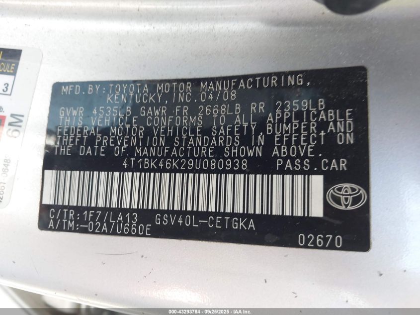 2009 Toyota Camry Xle V6 VIN: 4T1BK46K29U080938 Lot: 43293784