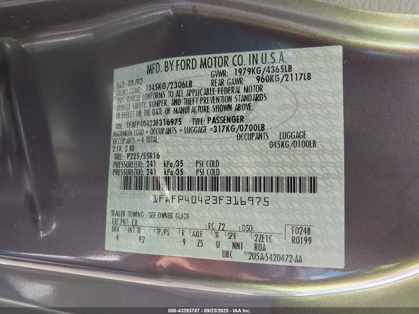 2003 Ford Mustang VIN: 1FAFP40423F316975 Lot: 43293787