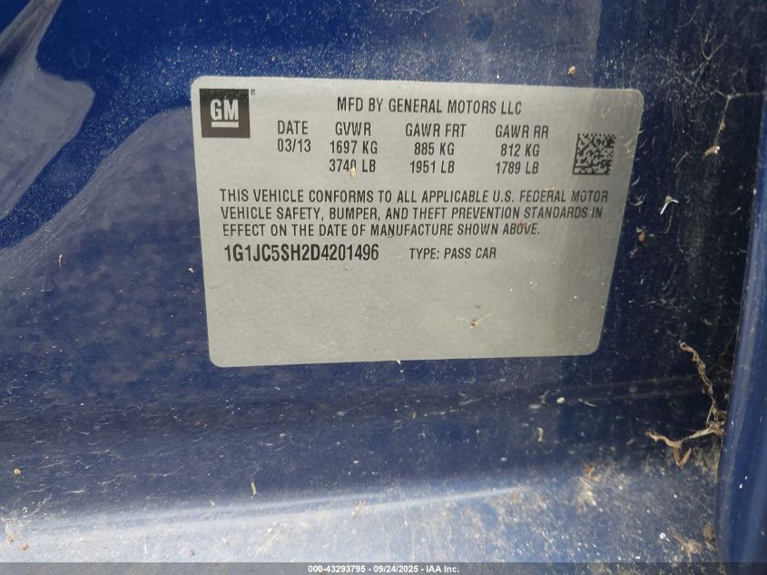 2013 Chevrolet Sonic Lt Auto VIN: 1G1JC5SH2D4201496 Lot: 43293795