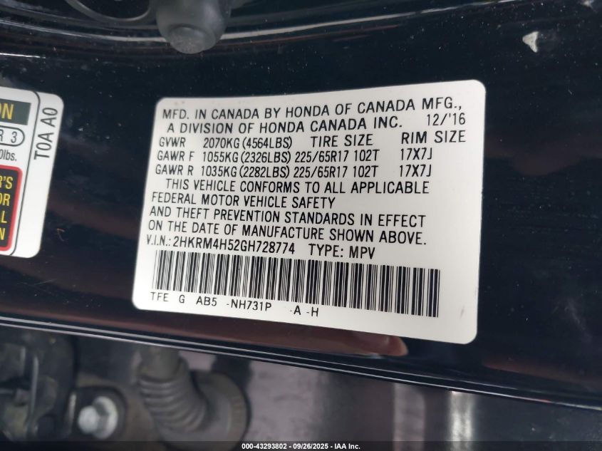 2016 Honda Cr-V Ex VIN: 2HKRM4H52GH728774 Lot: 43293802