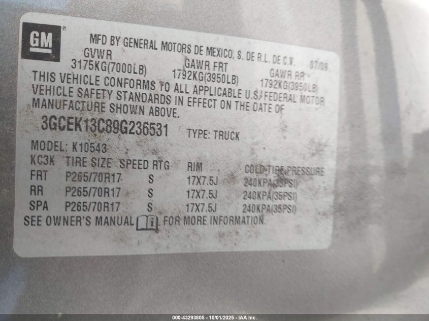 2009 Chevrolet Silverado 1500 Ls VIN: 3GCEK13C89G236531 Lot: 43293805