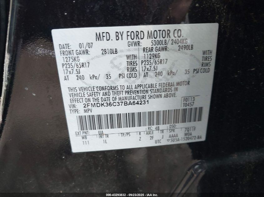 2007 Ford Edge Se VIN: 2FMDK36C37BA64231 Lot: 43293832