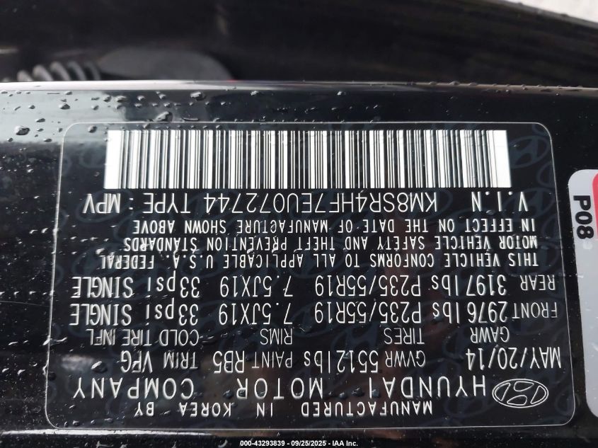 2014 Hyundai Santa Fe Gls VIN: KM8SR4HF7EU072744 Lot: 43293839